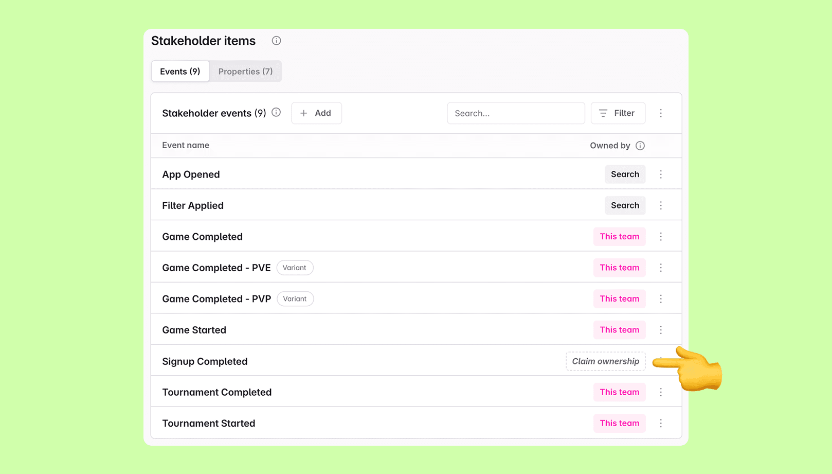 Screenshot of a modal to add events to a stakeholder team